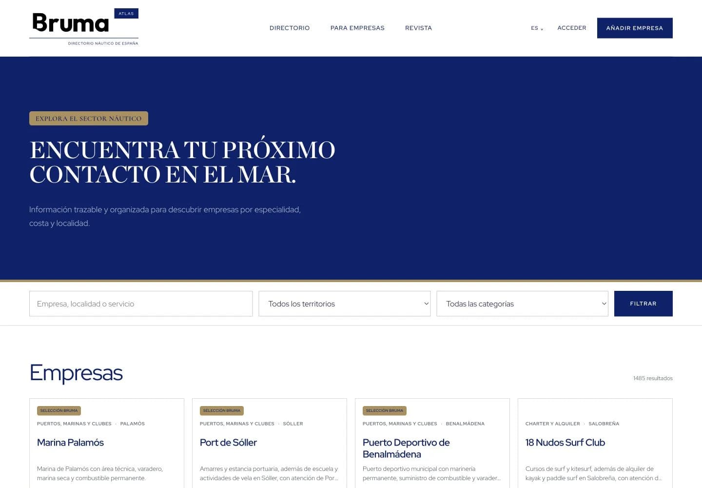 Atlas Bruma: directorio náutico con búsqueda de empresas y navegación por territorio. Versión de escritorio.