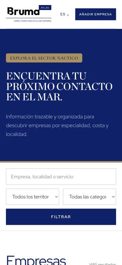 Atlas Bruma: directorio náutico con búsqueda de empresas y navegación por territorio. Versión móvil.