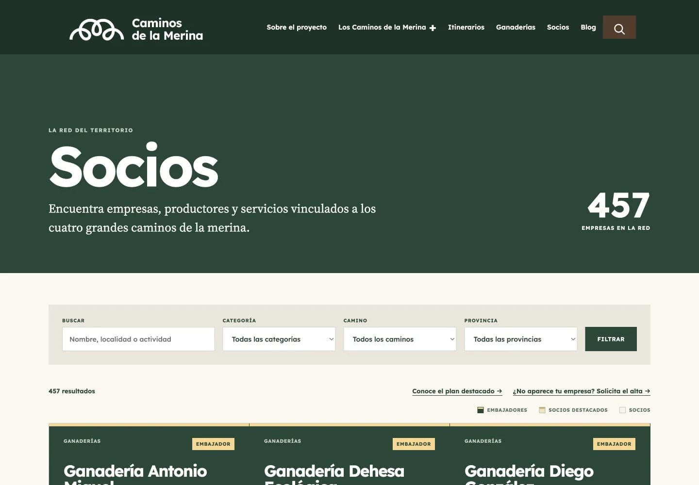 Directorio de socios de Caminos de la Merina con filtros por categoría, camino y provincia. Versión de escritorio.