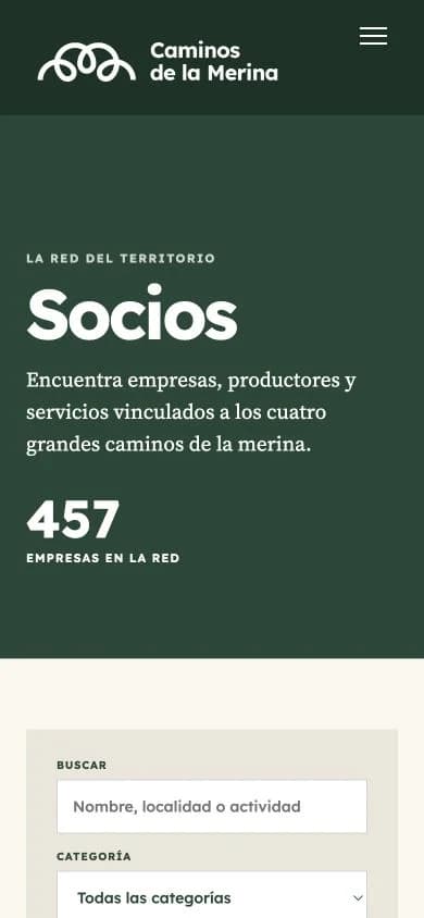 Directorio de socios de Caminos de la Merina con filtros por categoría, camino y provincia. Versión móvil.