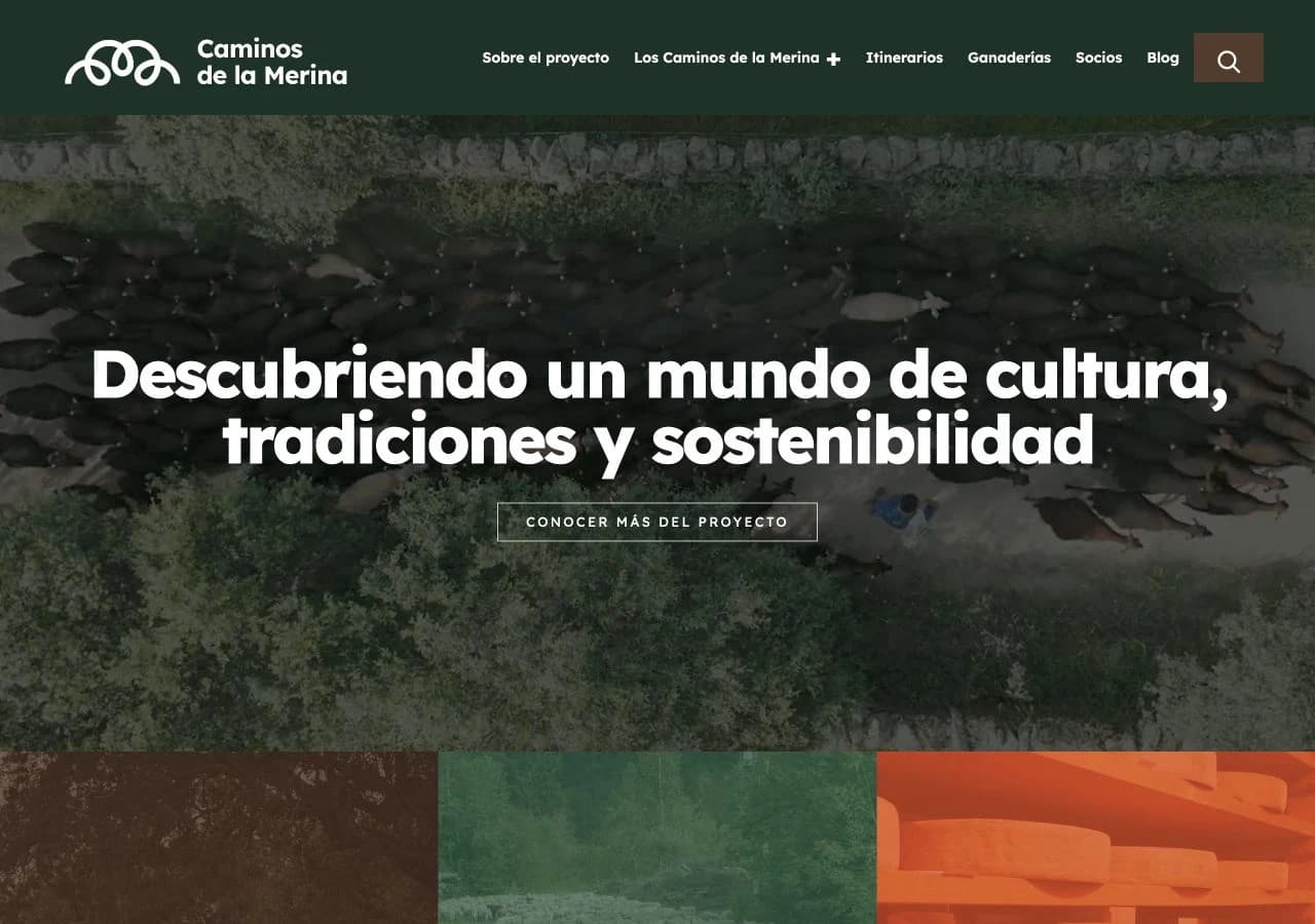 Portada de Caminos de la Merina, con su navegación de itinerarios, ganaderías y socios.