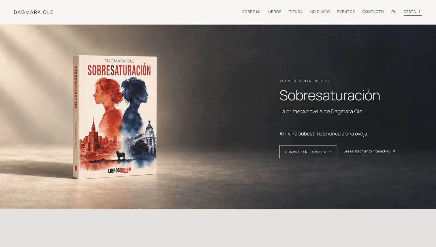 Portada de la web de Dagmara Ole, con la presentación de su novela Sobresaturación.